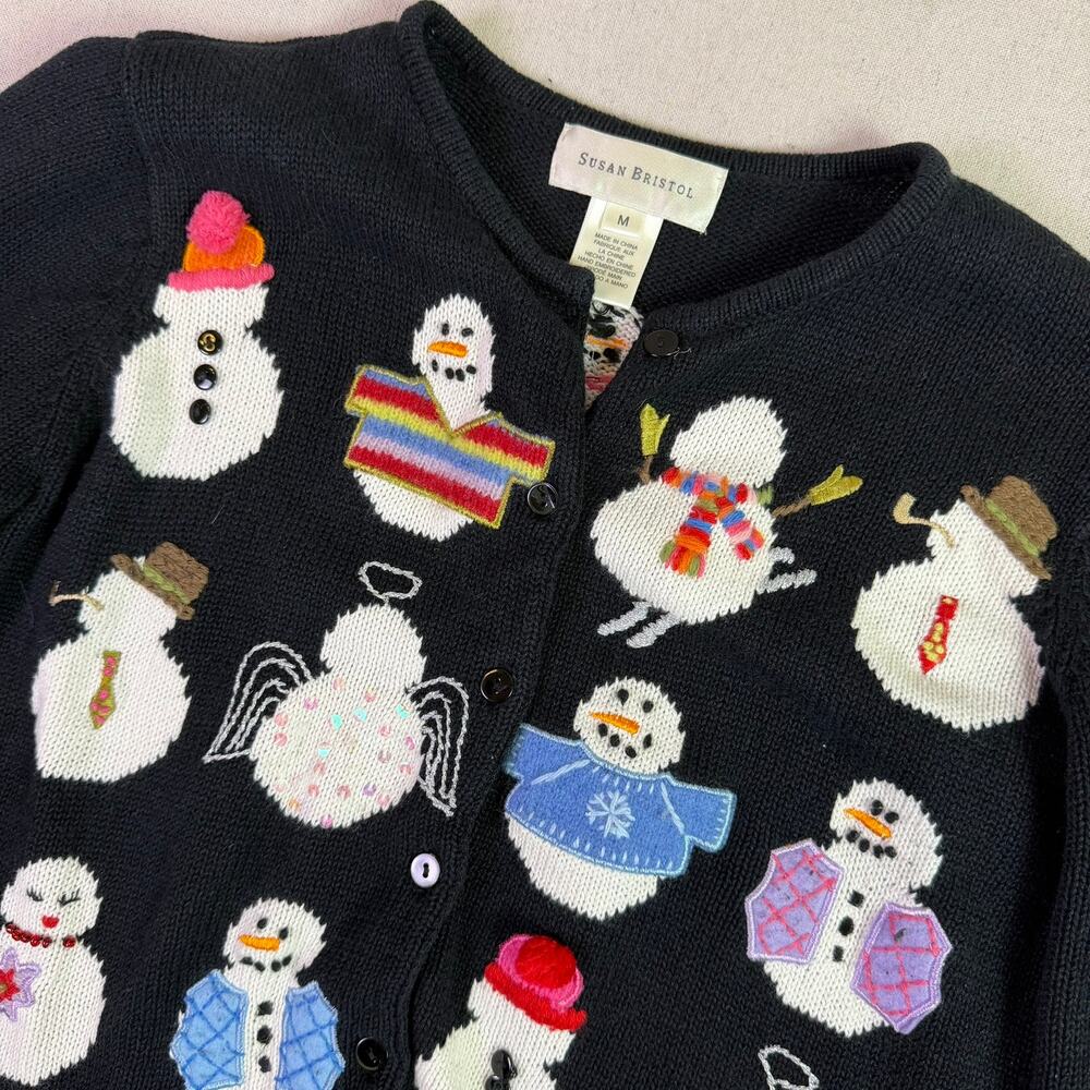 Vintage Susan Bristol Embroidered Snowman Black Cardigan Women's M Novelty 90s